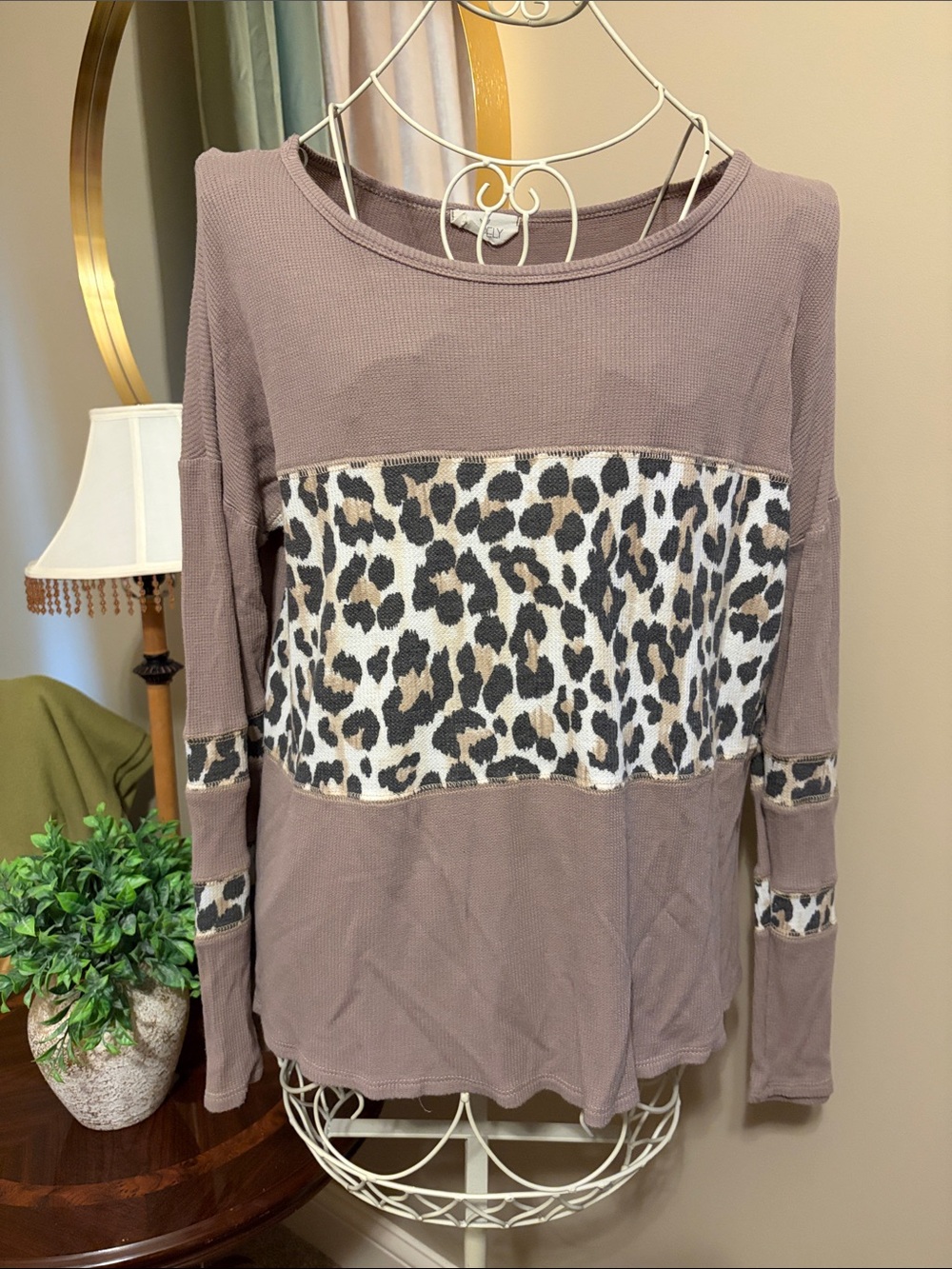 Leopard-Panel Thermal Pullover - Taupe